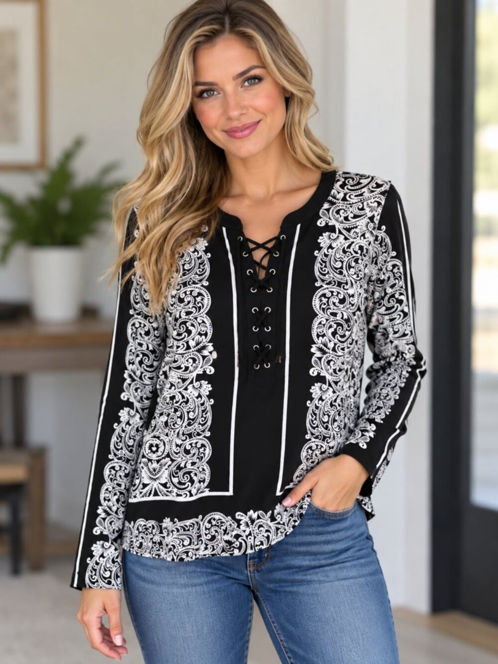 International Concepts Lace-Up Long Sleeve Top - MEDIUM